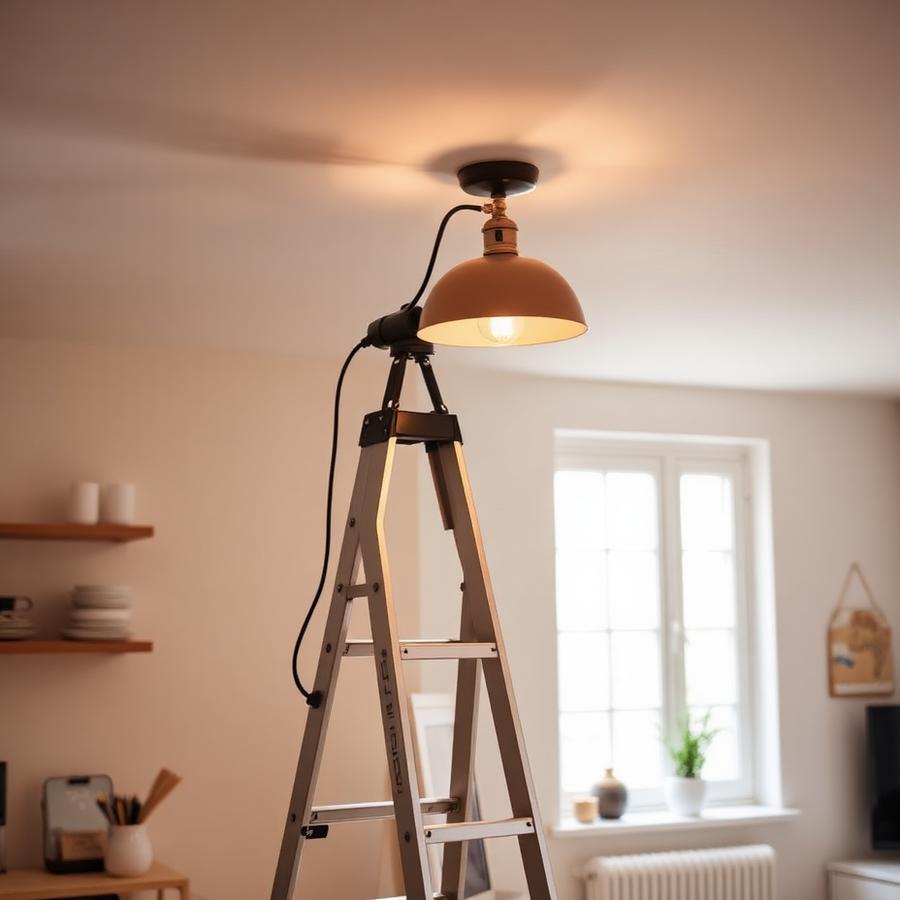 Montering af loftlampe under renovering